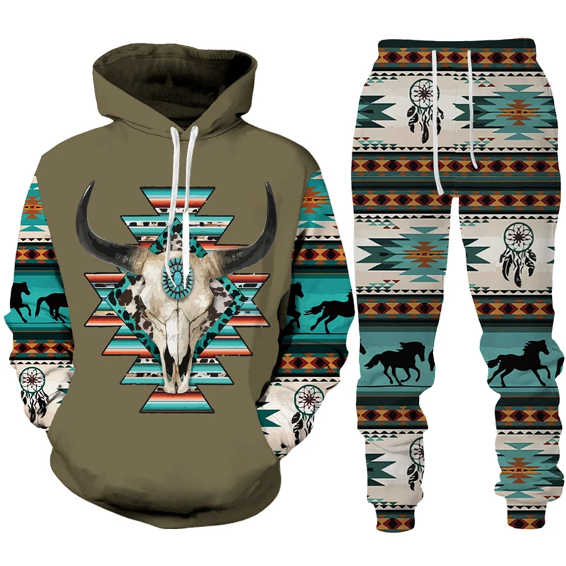 Vintage Tribal Cow Print Tracksuit Set Man Woman Hoodie+Pants 2pcs Set Fashion Casual Western Cowboy Hip Hop Streetwear Clothes