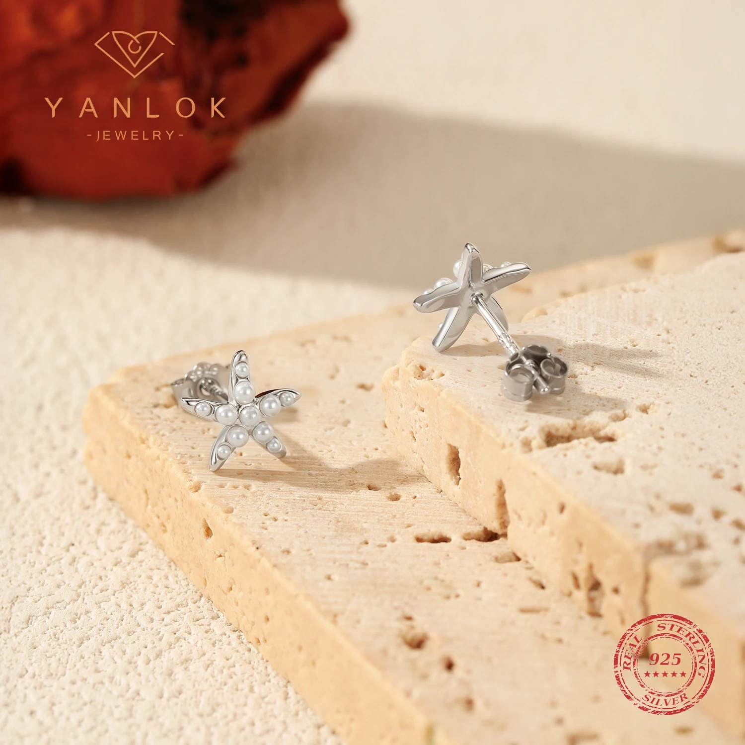 YANLOK 925 Sterling Silver Trendy Simulated Pearls Ear Studs Delicate Starfish Stud Earrings For Women Fine Jewelry