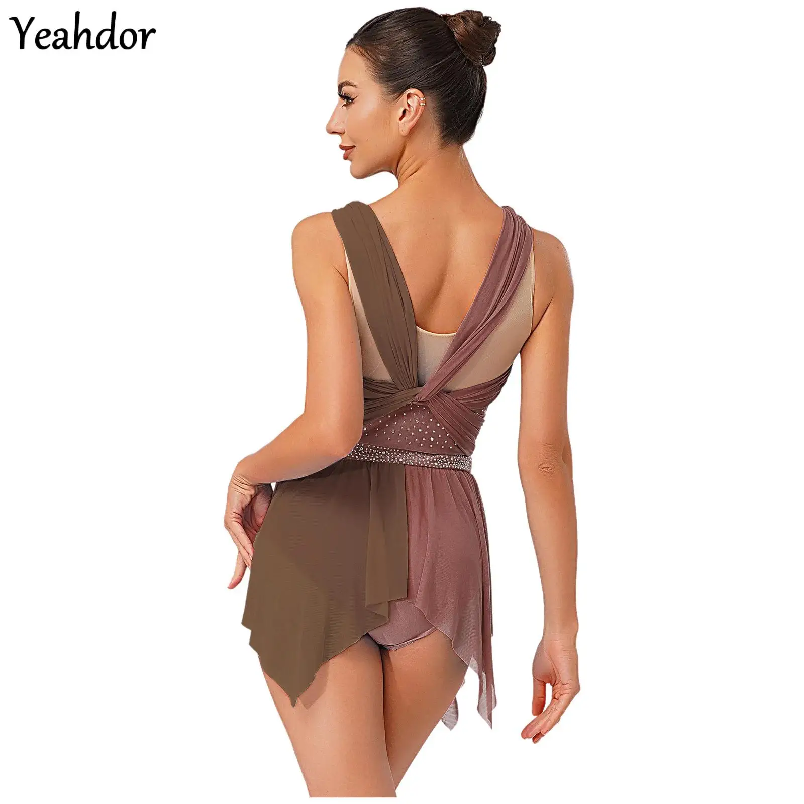 

Womens Rhinestone Lyrical Dance Dress Color Block Mesh Ruched Twisted Knot Irregular Sleeveless Leotard Dress Dancewear