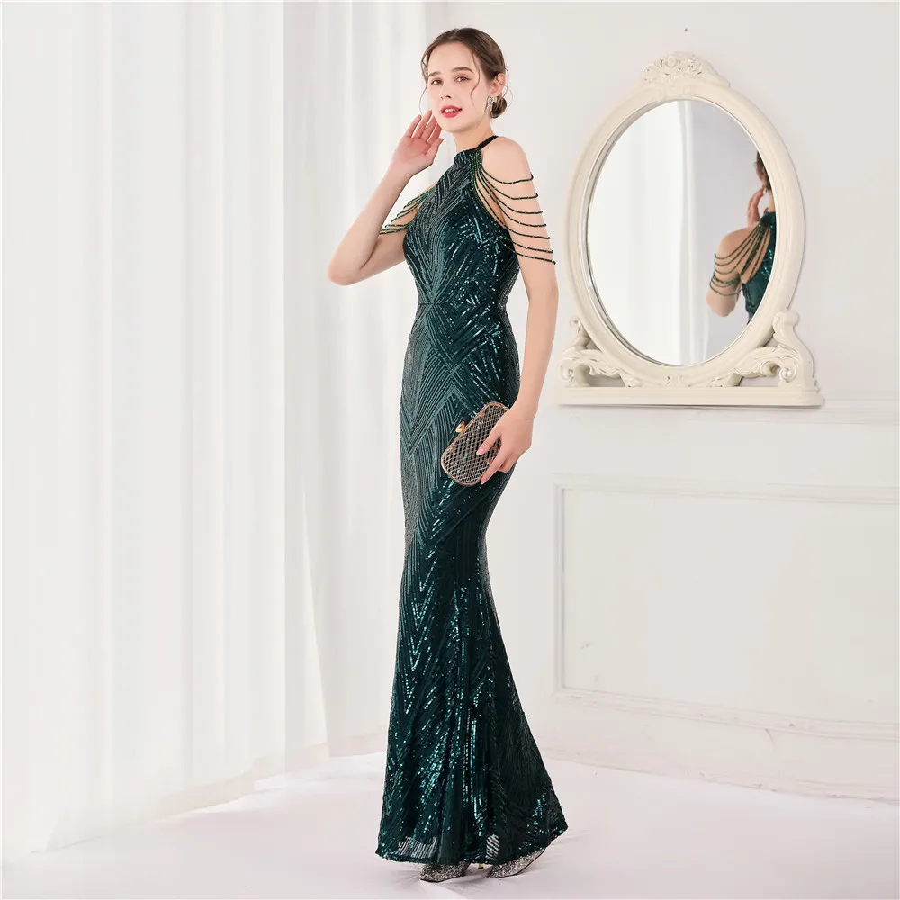 

Elegant Long Hanging Neck Sequin Fish Tail Women's Evening Dress New Banquet Party Style