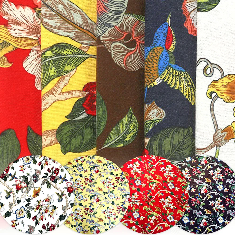 

50 см * 145 см льняная хлопковая ткань с принтом, винтажный узор с цветком и птицей для шитья подушки, чехлы для диванной подушки, материалы для скатерти