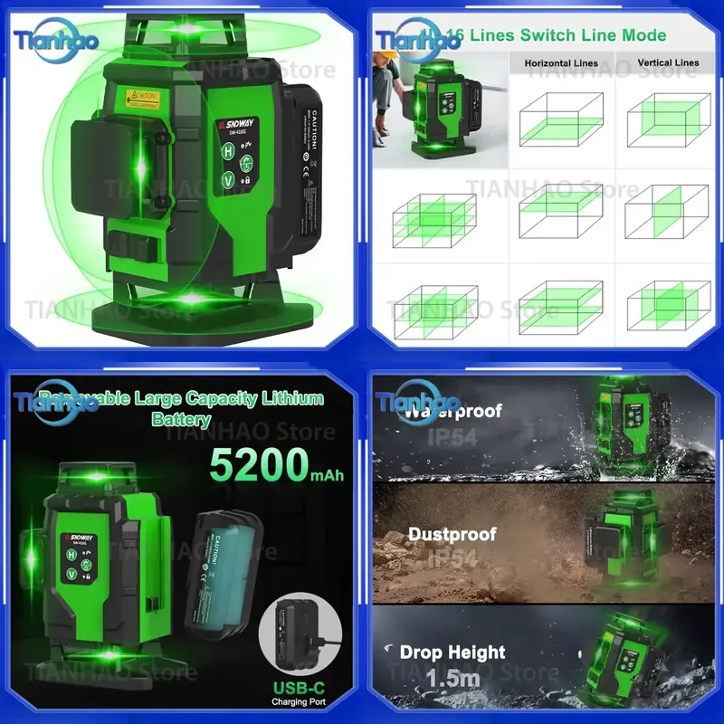 SNDWAY Laser Level for 360-Degree Green Cross Line Pulse Enhancement Mode Remote Control 16 Lines Holder Custom Level
