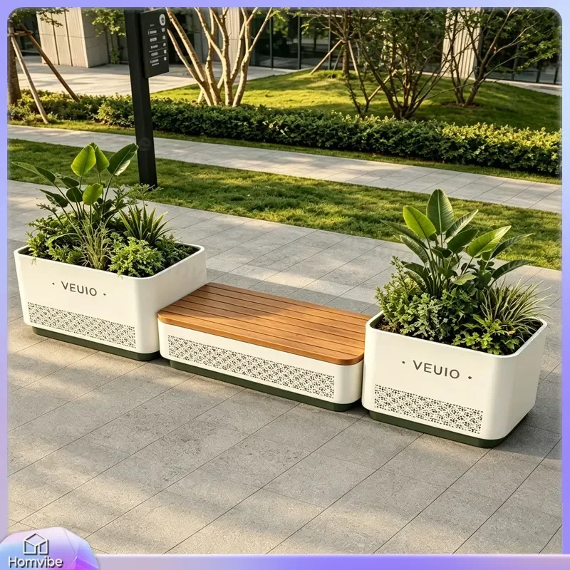 Outdoor Metal Flower Box Bench Planter Seat Combo Commercial Street Garden Rest Area Iron Art Planting Box Furniture Decor