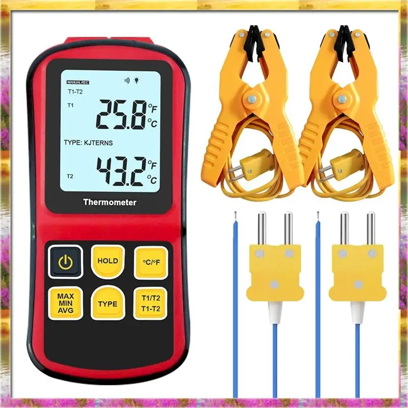ABSU ميزان الحرارة الحراري الرقمي K نوع ميزان الحرارة مع 2 مشبك درجة الحرارة 2 مجسات الحرارية السلكية