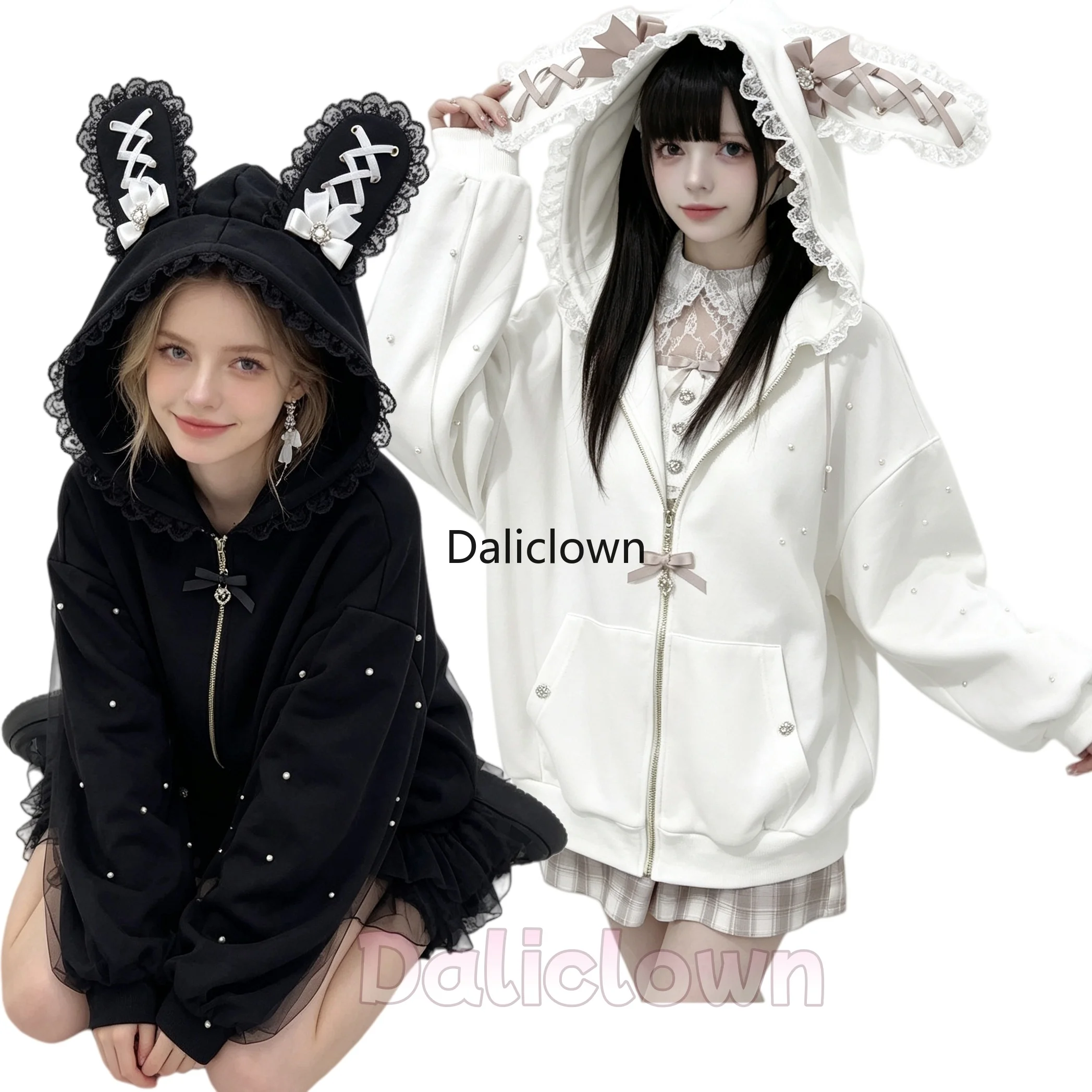 Image of Vintage Japanische Subkultur Jirai Kei Jacke Damen Y2K Mantel Spitze Hasenohren Kapuzenpullover Gothic Sweatshirt Harajuku Halloween Cosplay