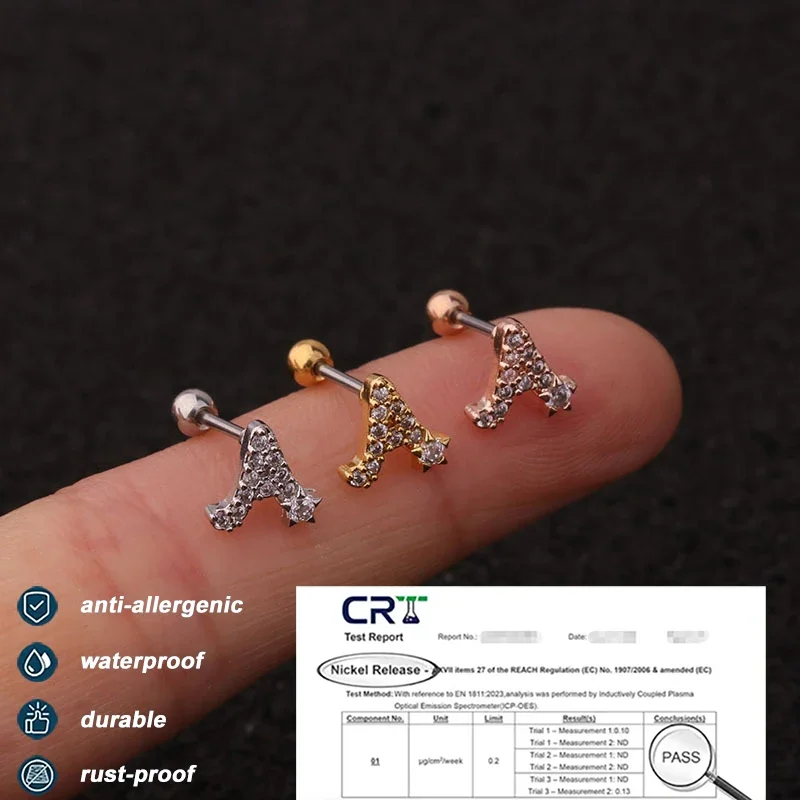 20G Surgical 316l Stainless Steel Cubic Zirconia Letter Ear Stud Stackable Piercing Jewelry CZ Earring for Women Girls