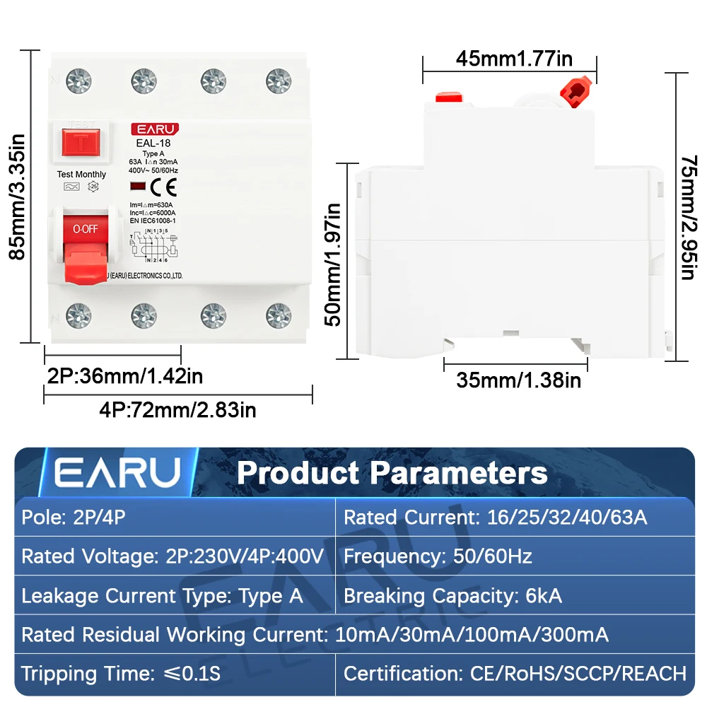 EARU 10/30/100/300mA Type A RCCB RCD ELCB Electromagnetic Residual Current Circuit Breaker Differential Breaker Safety Switches