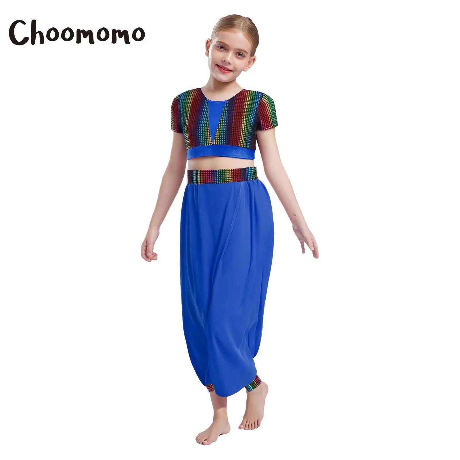 

Girls Jazz Dance Outfits Color Block Metallic Small-Check Crop Tops with Elastic Waistband Pants for Dance Competition