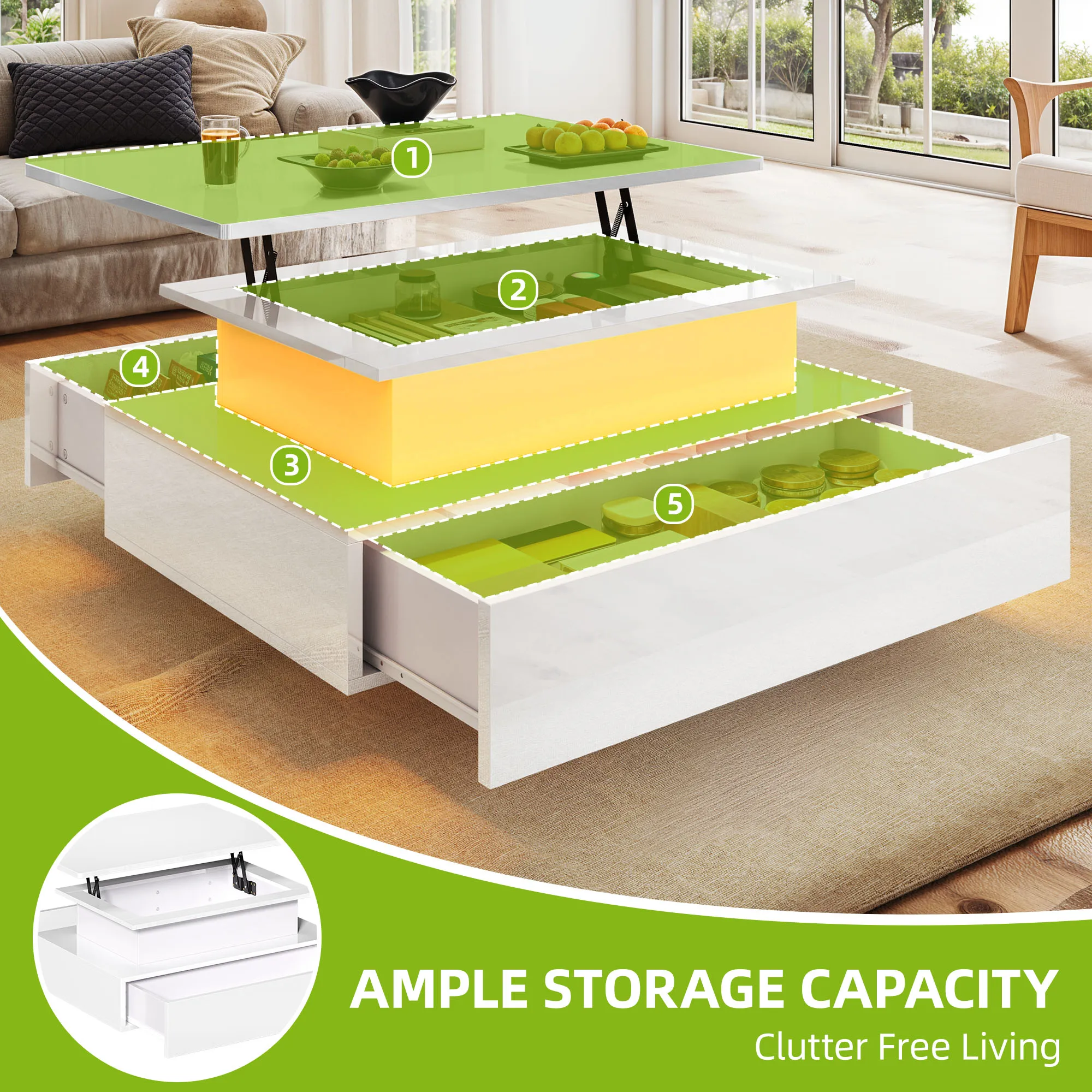 Balconera Lift-Top Coffee Table - Modern Rectangular with 16 Color LEDs & 2 Drawers, Elevated Surface with Lighting