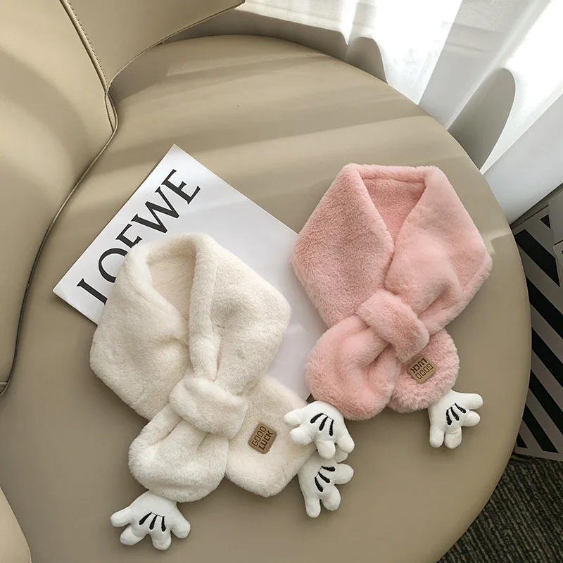 2-6Y Cute Bear Palm Children's Fluffy Scarf Autumn and Winter New Boys and Girls Cross Plush Warm Scarves