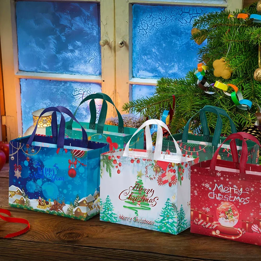 9 bolsas grandes para regalos navideños con detalles en bronce, ideales para fiestas y celebraciones, hechas de tela no tejida, perfectas para envolver regalos de Navidad y Año Nuevo.