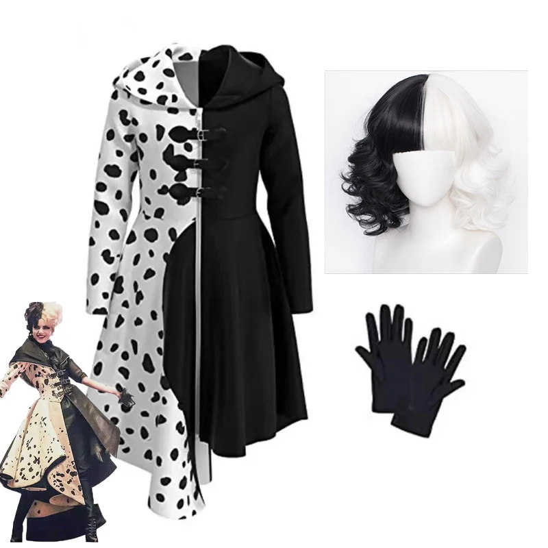 Vestidos De Cruella para mujer, disfraz De Cruella, disfraz De bruja gótica De Vil, pelucas De pelo rizado, tocado, peluca Sexy De Cosplay De demonio