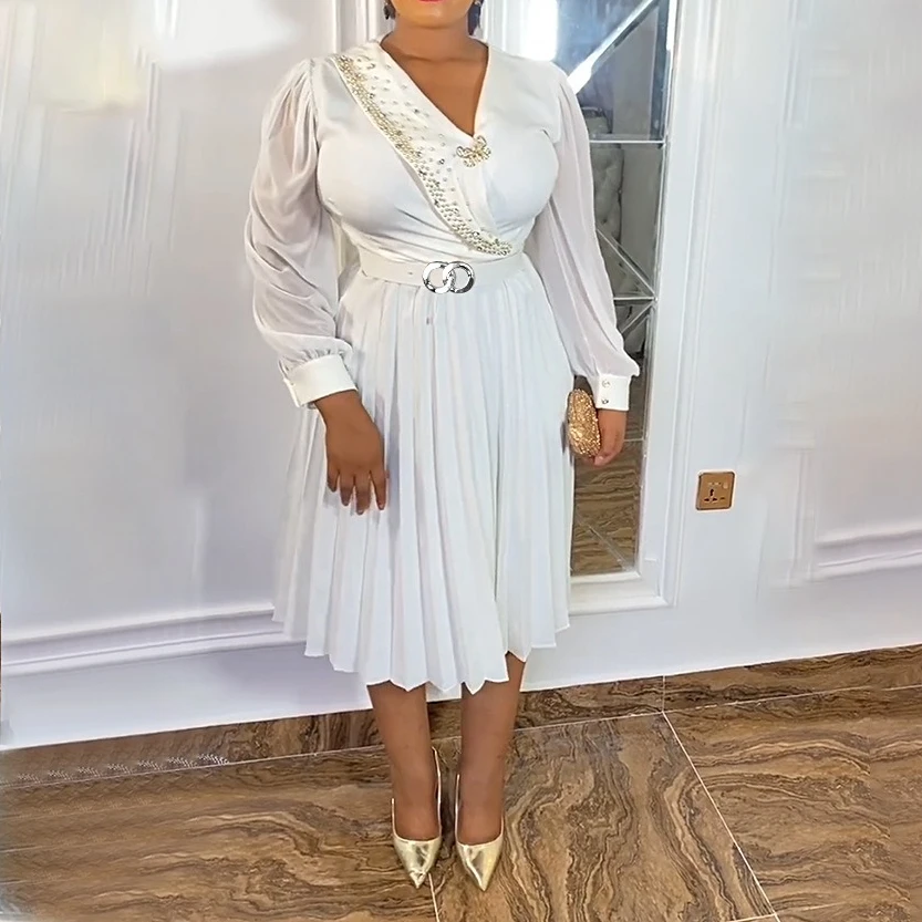 

Knee Length White Dress Women Dresses A Line Pleated Vestidos High Waist Belt V Neck Full Sleeve Brooch Elegant Y2k Party Night