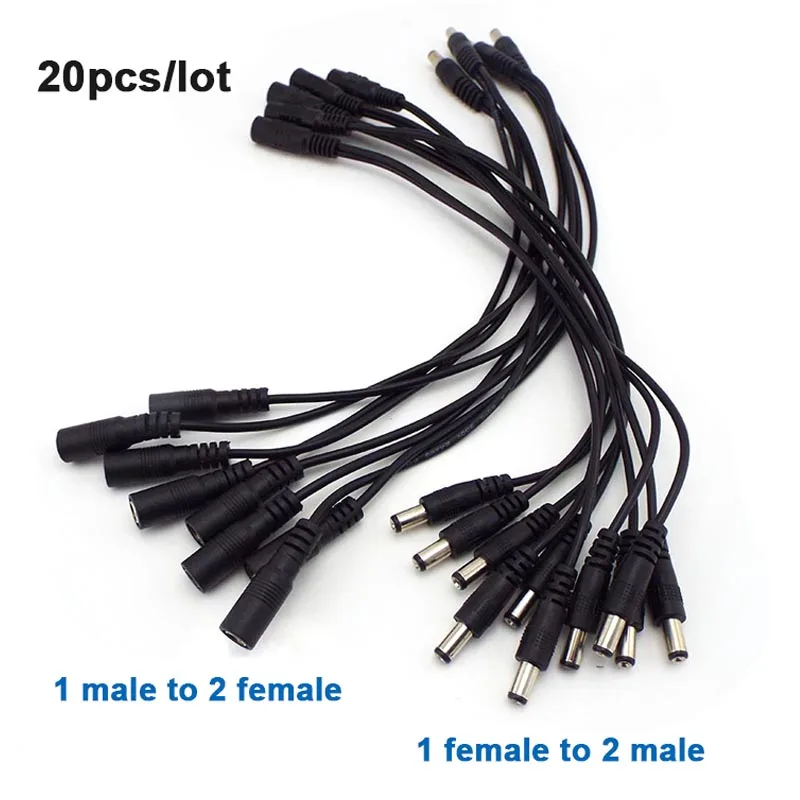 20pcs 1 DC male female to 2 way male female Splitter Power connector adapter Cable 5.5x2.1mm Plug extension for strip light W1