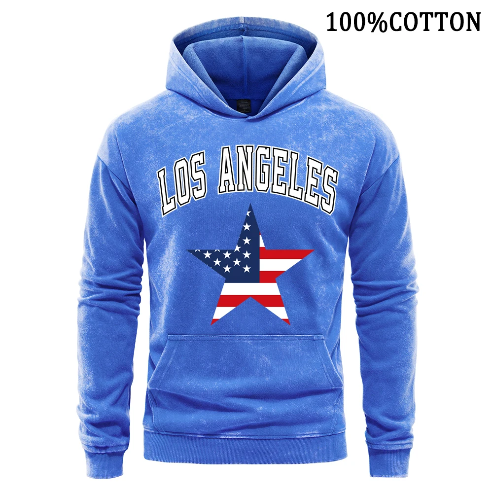 

Autumn Men Hoodies Los Angeles America Pentagram Printing Retro Washed Cotton Soft Hoody Comfort Pullover Fashion Loose Clothing