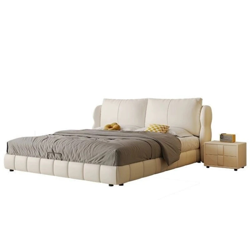 

French soft leather bed, modern simple master bedroom double bed