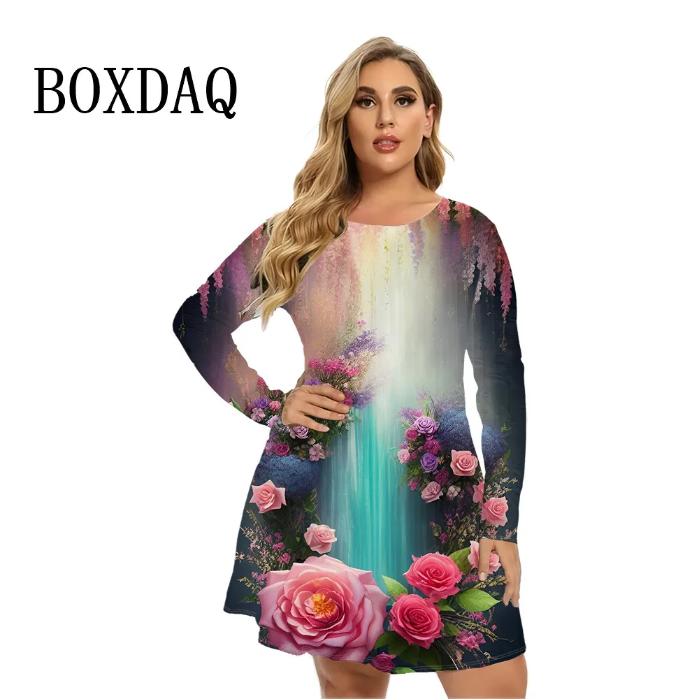 

Autumn Winter Long Sleeve Dress Women‘S Flower 3D Printed A-Line Dress Plus Size Loose Dresses Retro Clothing Oversized 9XL 2024