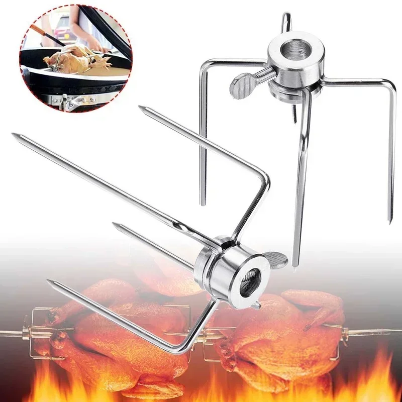 2Pcs Stainless Steel Rotisserie Meat Forks Clamp Grill Meatpicks Barbecue Skewer With Locking Screw Quick Adjustments BBQ Tools