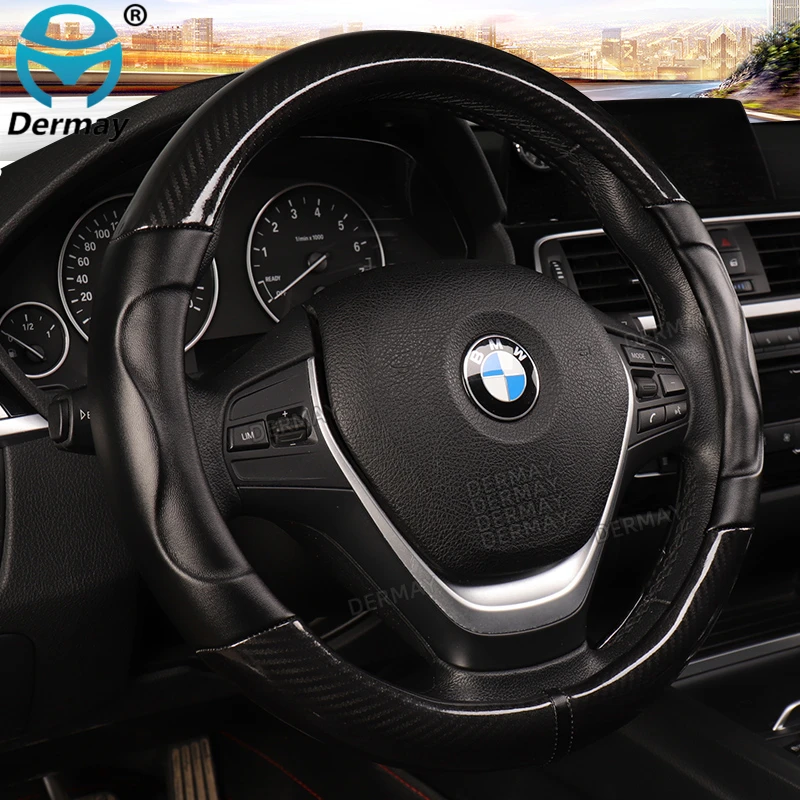 Luxury Car Steering Wheel Cover Non-slip Soft Leather + Carbon Fibre Universal M Size Fit Standard Steering Wheel 37-38cm