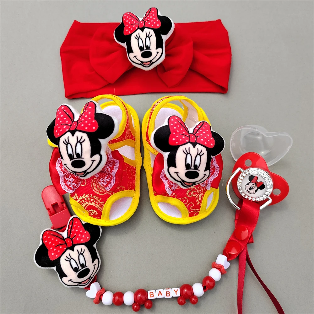 Red Lace Luxury Minnie Mouse Fun Happy Shoes for Newborns 0-8M Set Hair Wear Accessories Unique Gift for Girl Photography Tools