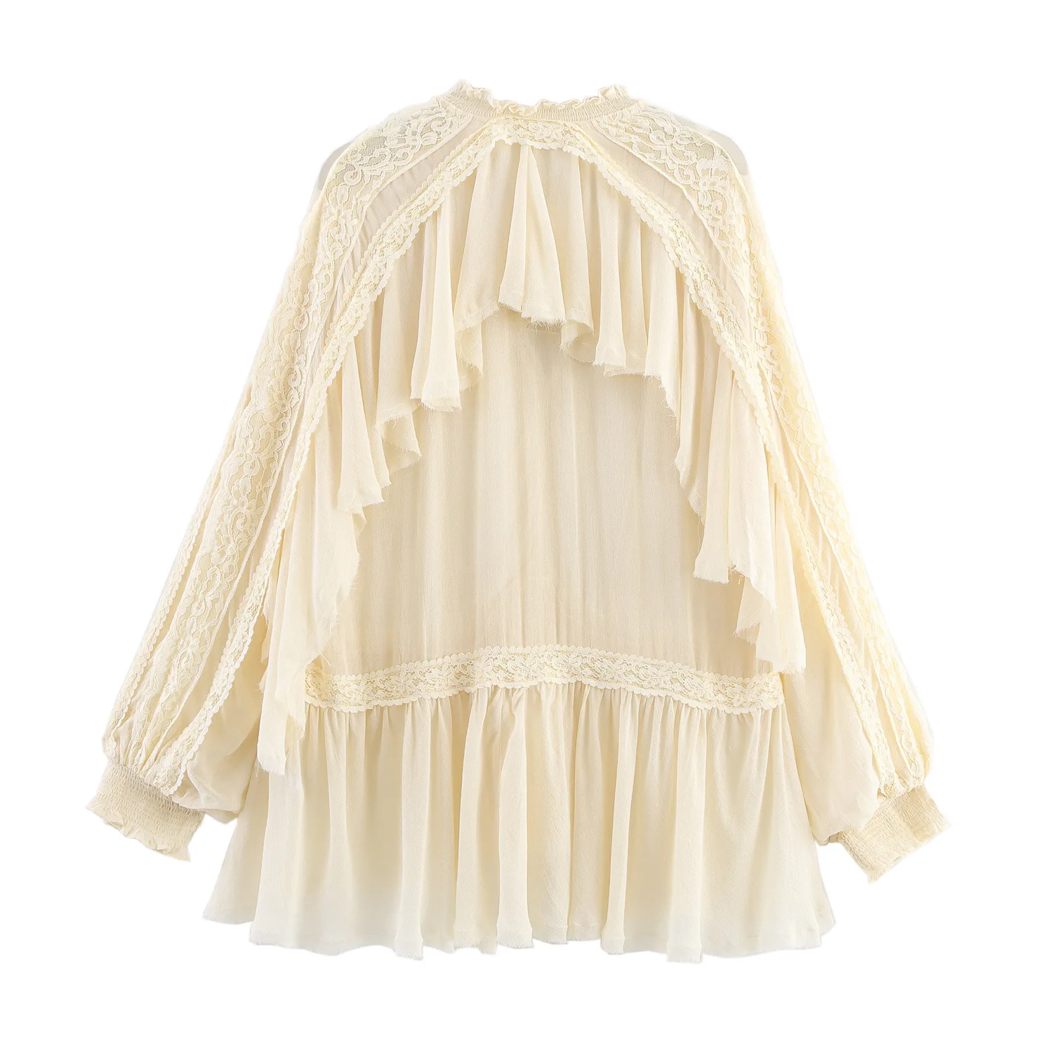 Camicia a pieghe in pizzo vestibilità ampia tinta unita a strati con scollo a V a maniche lunghe casual di nuova moda per donna