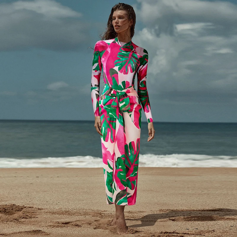 FLAXMAKER Long Sleeve Conch Printed One Piece Swimsuit and Sarong Women Summer Vaction Beachwear Luxury Bathing Suit