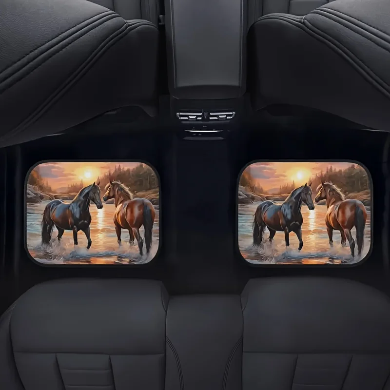 

Set Of 4 Two-Dimensional Sunset Horse-Themed Floor Mats Designed To The Front And Back Seats Of Any Vehicle. These Stylish And L
