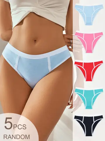5-pack random color contrasting white border locked women's underwear soft and skin friendly breathable cotton daily commuting