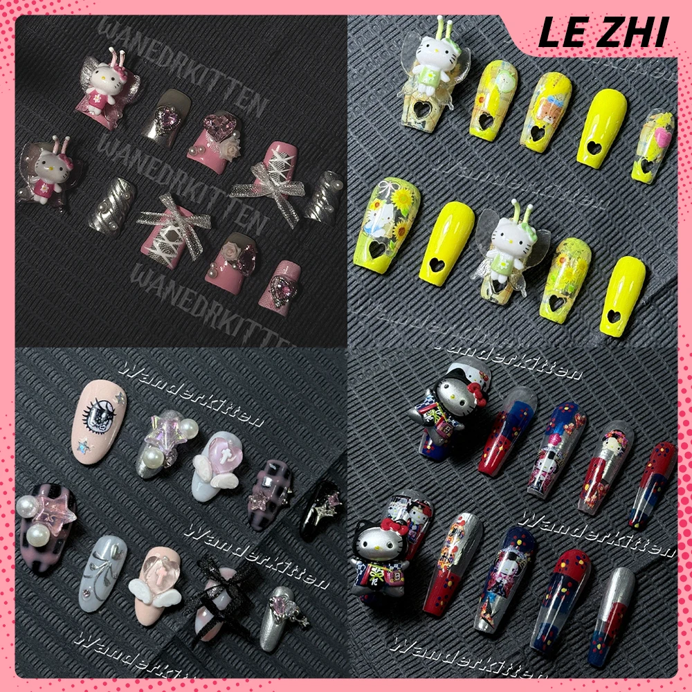 

Y2K Gothic Dark Spicy Girl Hello Kitty Handmade Press On Nails Lace Bow Flowers Diamond Pearl Wearable Fake Nails Christmas Gift