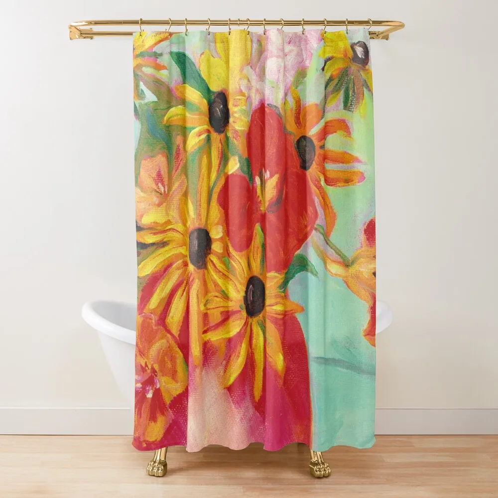 

Summer Flowers in Droll Design Vase Shower Curtain Waterproof Bathroom Shower Set For Bathroom Curtain