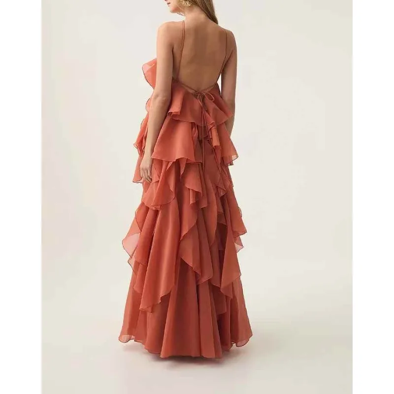 Red Black Ruffles Flowers Appliqued Backless Sleeveless Maxi Women's Evening Party Prom Dresses  for New Year