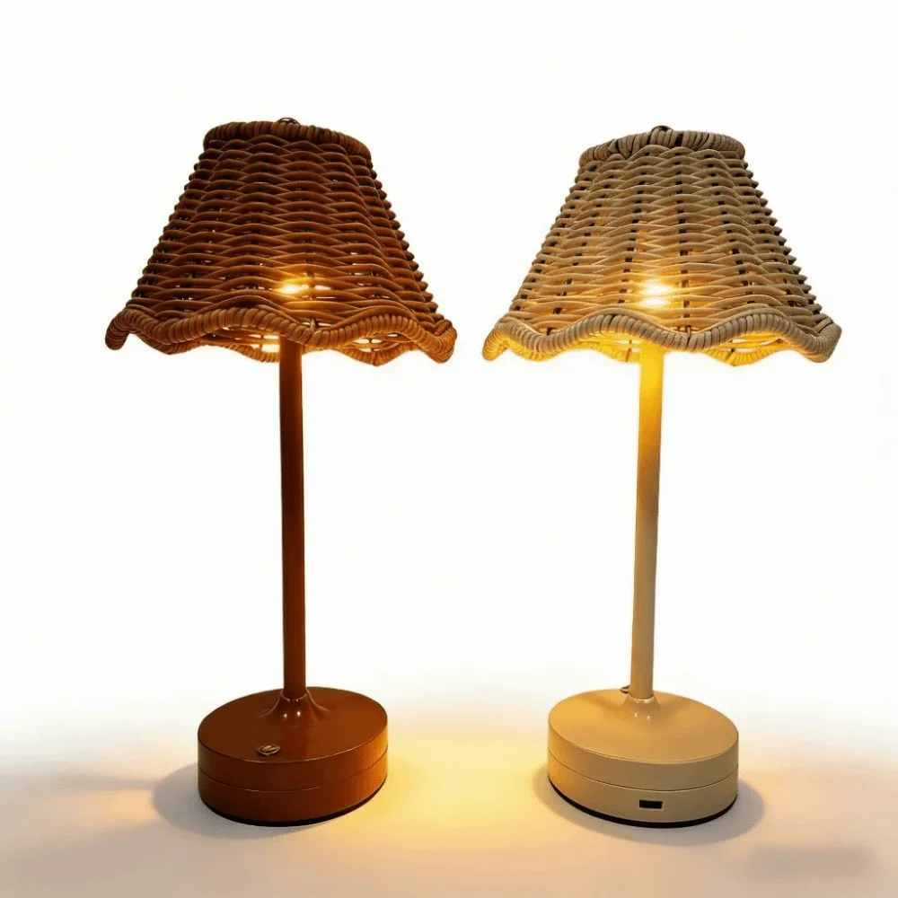 Touch Sensor LED Rattan Desk Lamp Adjustable Brightness Energy Saving Boho Rattan Table Lamp Wireless Design Eye Care