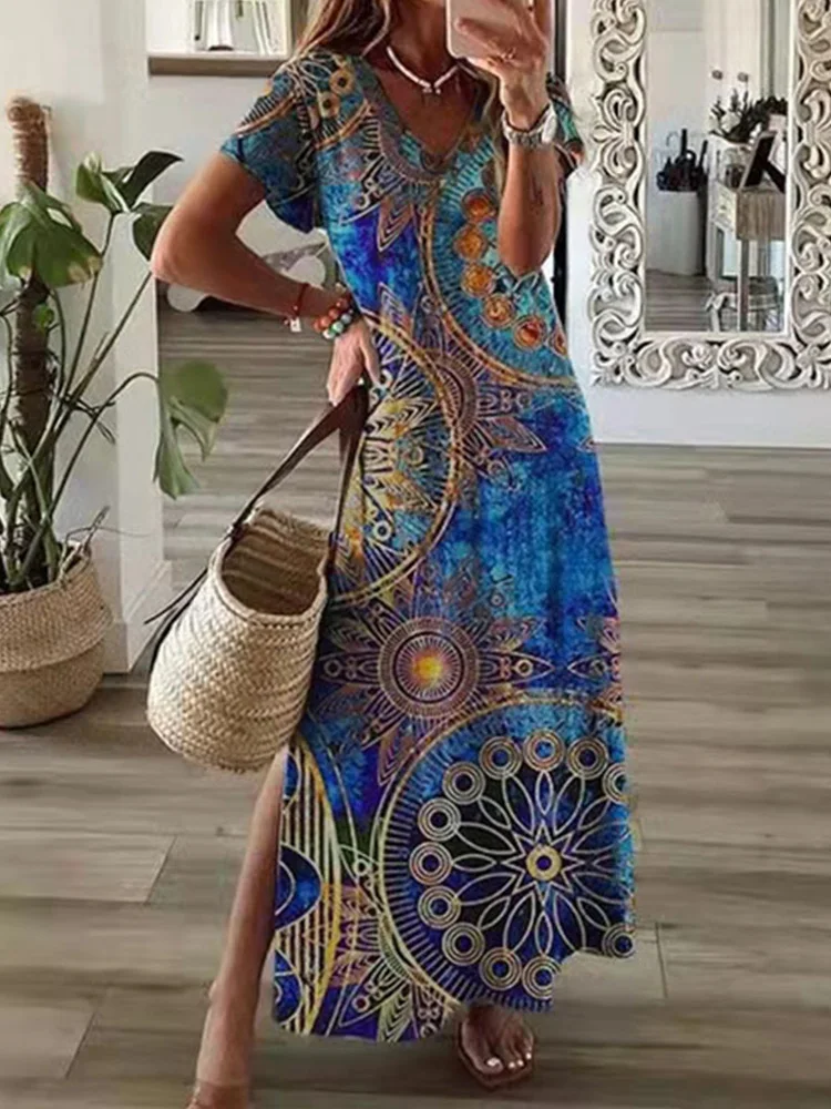 

Geometric Irregular Printed T-shirt Long Dress Women's Summer Round Neck Short Sleeve A-line Dress Casual Vacation Robe