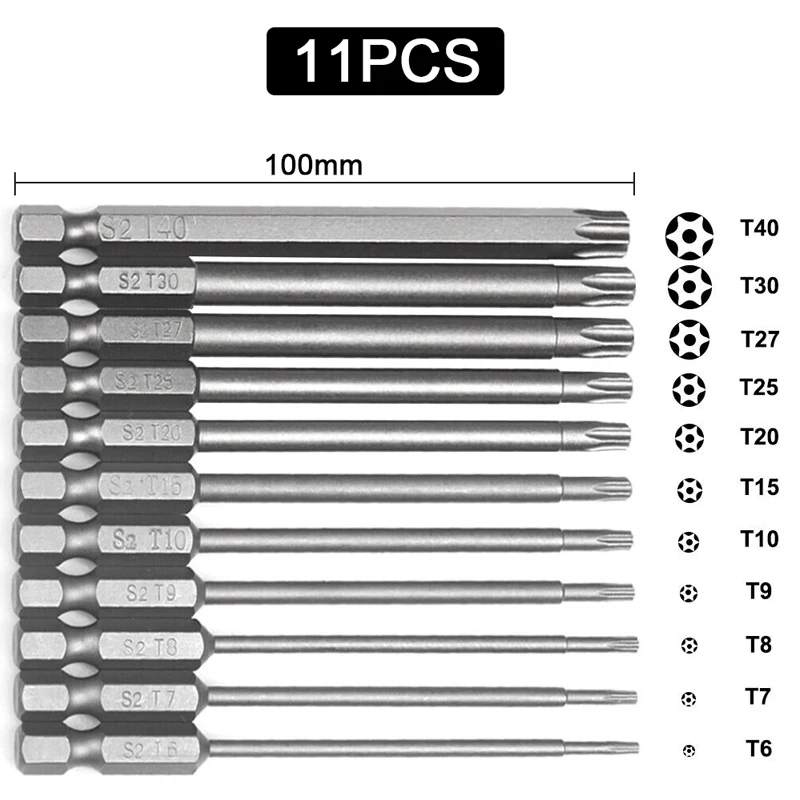 11PCS Magnetic Torx Screwdriver Set 100mm Security Tamper Proof Star Drill Bit Screw Driver Tips Hex 1/4 for Rotary Power Tool