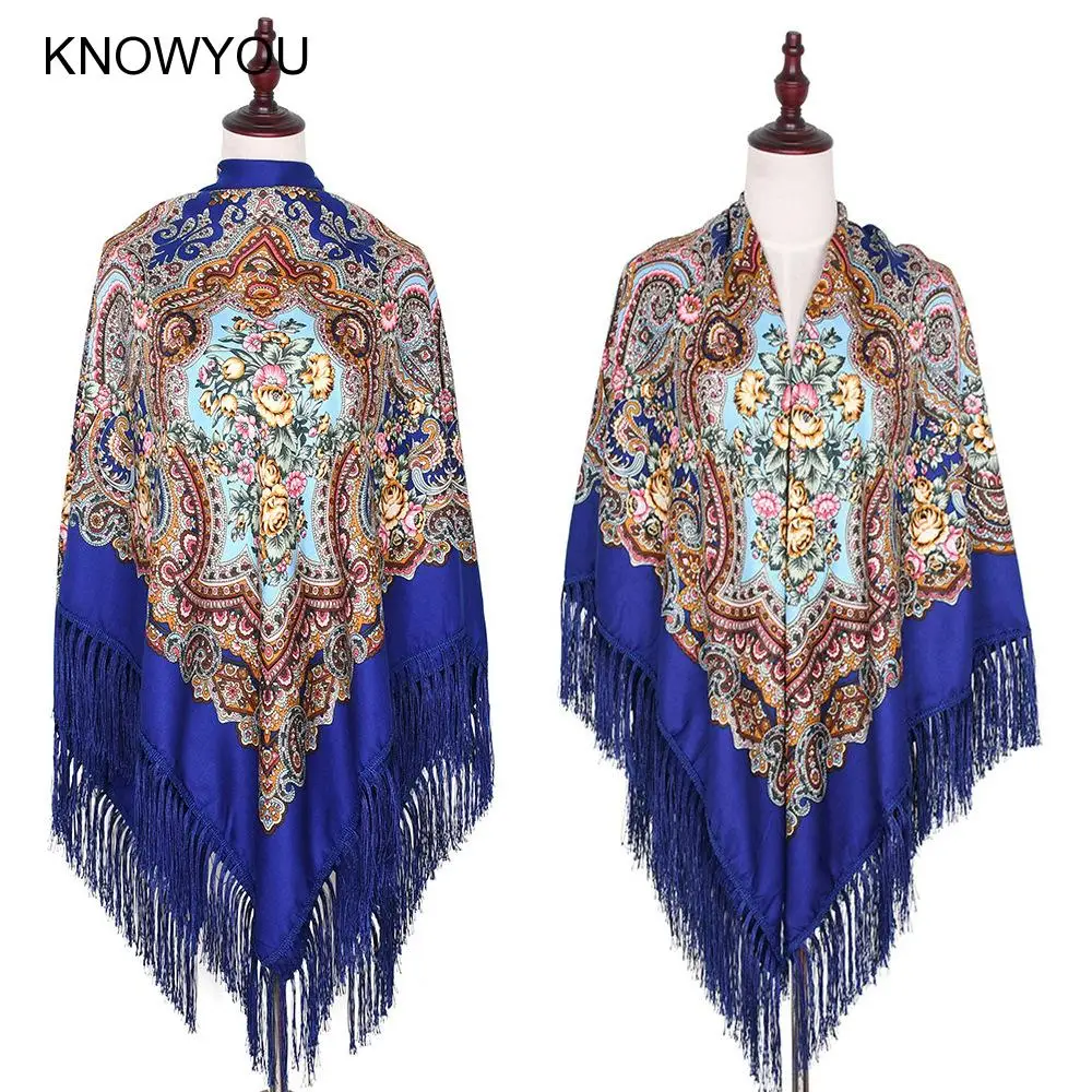 Ethnic Style Print Floral Wraps for Women Russian Fringed Square Scarf Elegant Mujer Bufanda Retro Shawl Large Size Hijabs