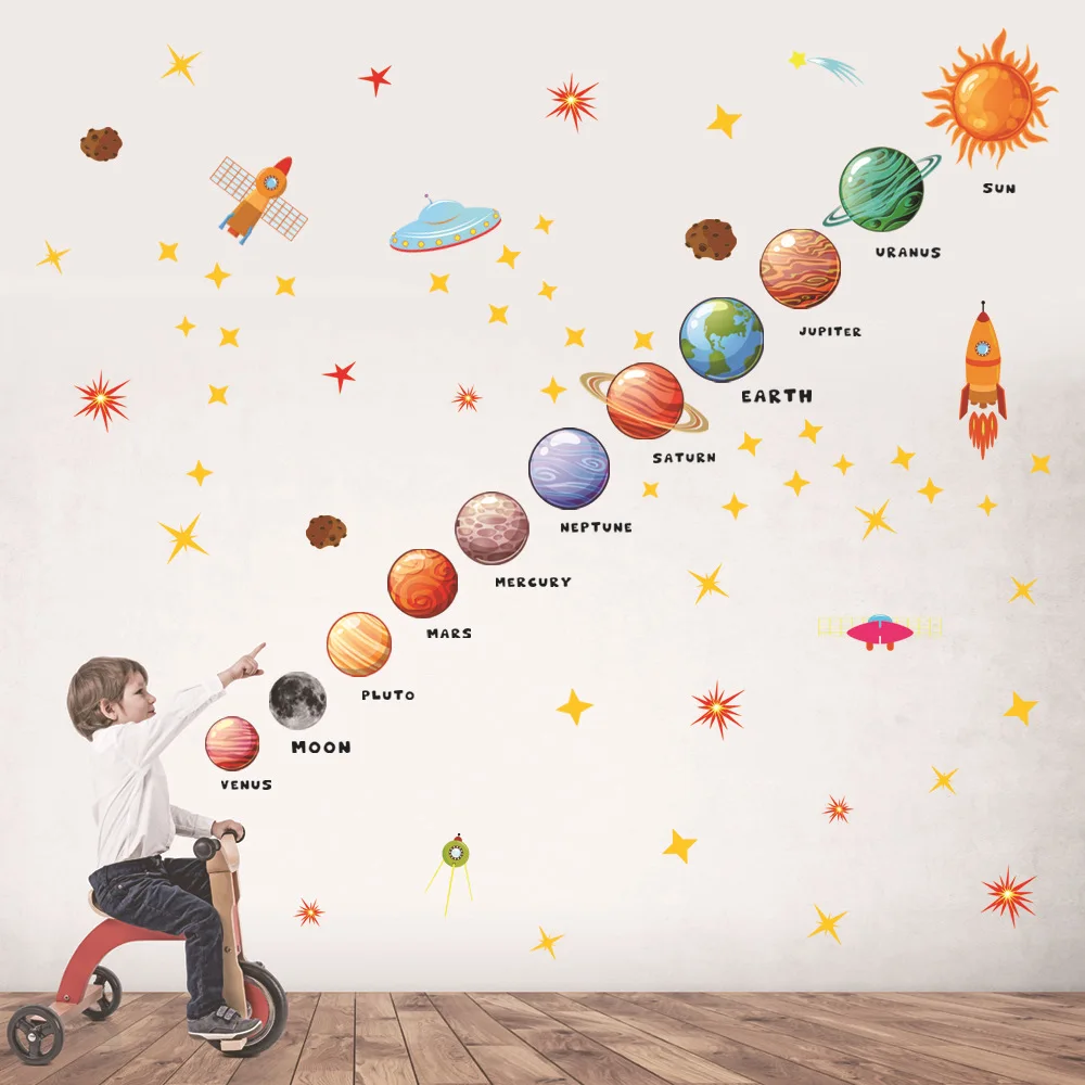 Solar System Kids Wall Stickers, Astronaut Stars Wall Decals, Decor for Baby Boy Girl Room Bedroom Living Room Classroom