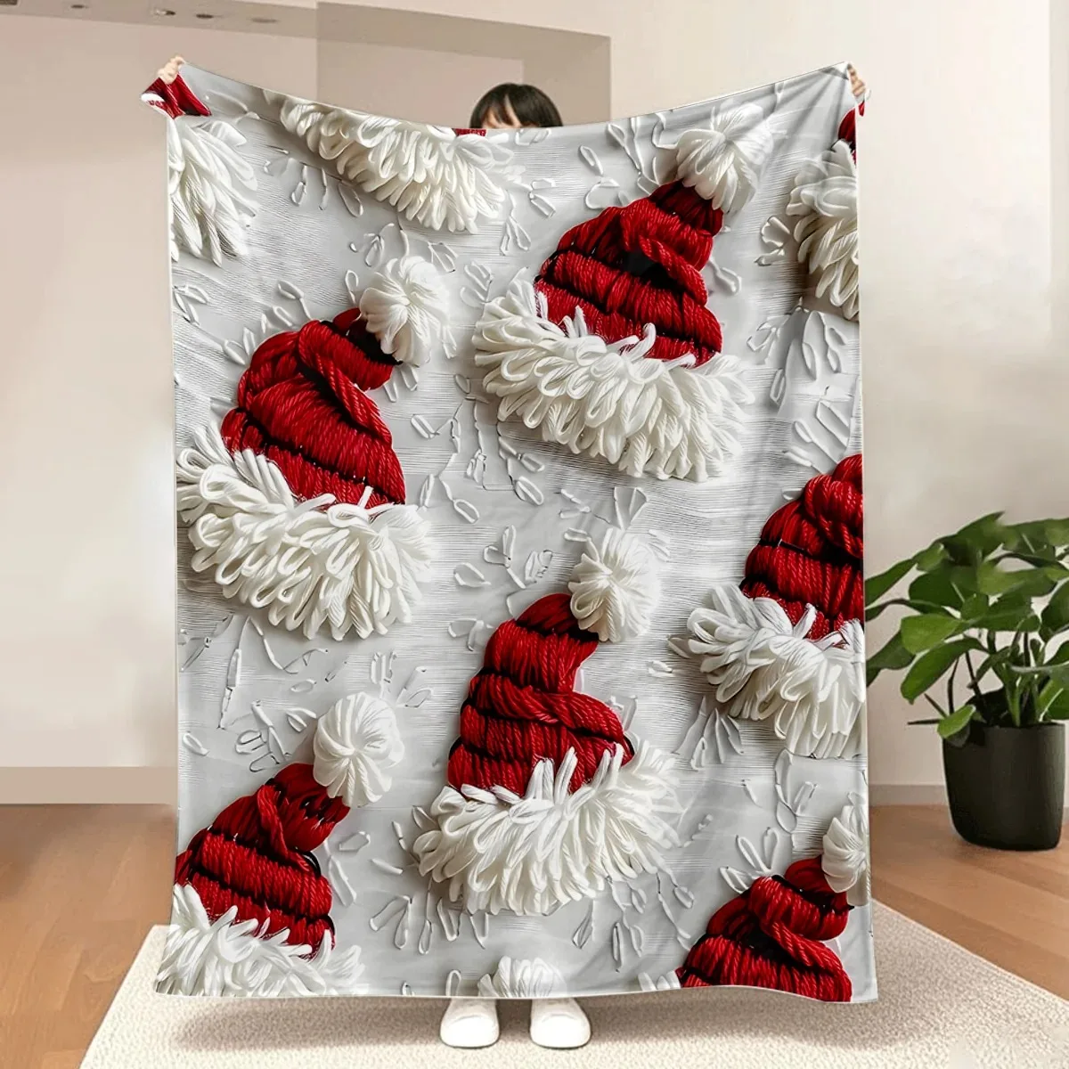 

1 шт. белое рождественское одеяло с рисунком шляпы Санта-Клауса, веселый узор, удобный материал, любители сезонного декора, лучше всего подходит для Рождества