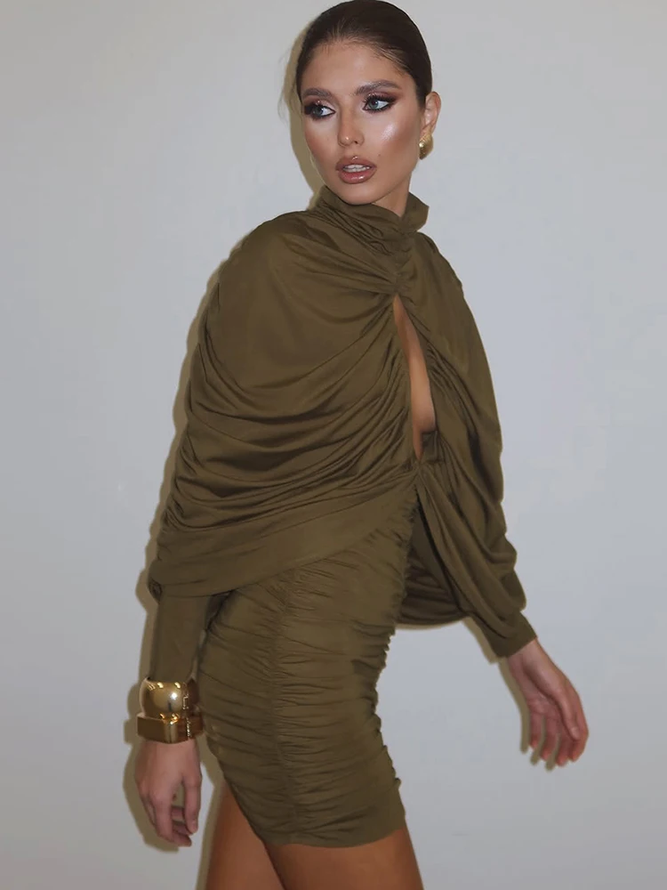 Kliou Sexy Hollow Design Mini Dress Woman Turtleneck Full Sleeve Skinny Peach Hip Hot Girl Street Fashion Ruched Elegant Bodycon