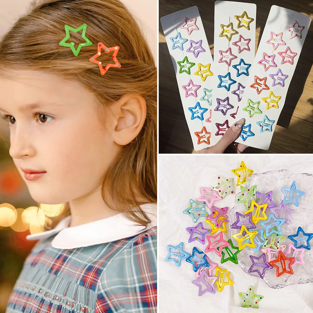 10Pcs/Set Solid Color Star Hair Clips for Kids Girls Headwear Alloy Barrettes Cute Glitter BB Clips Hairpins Hair Accessories