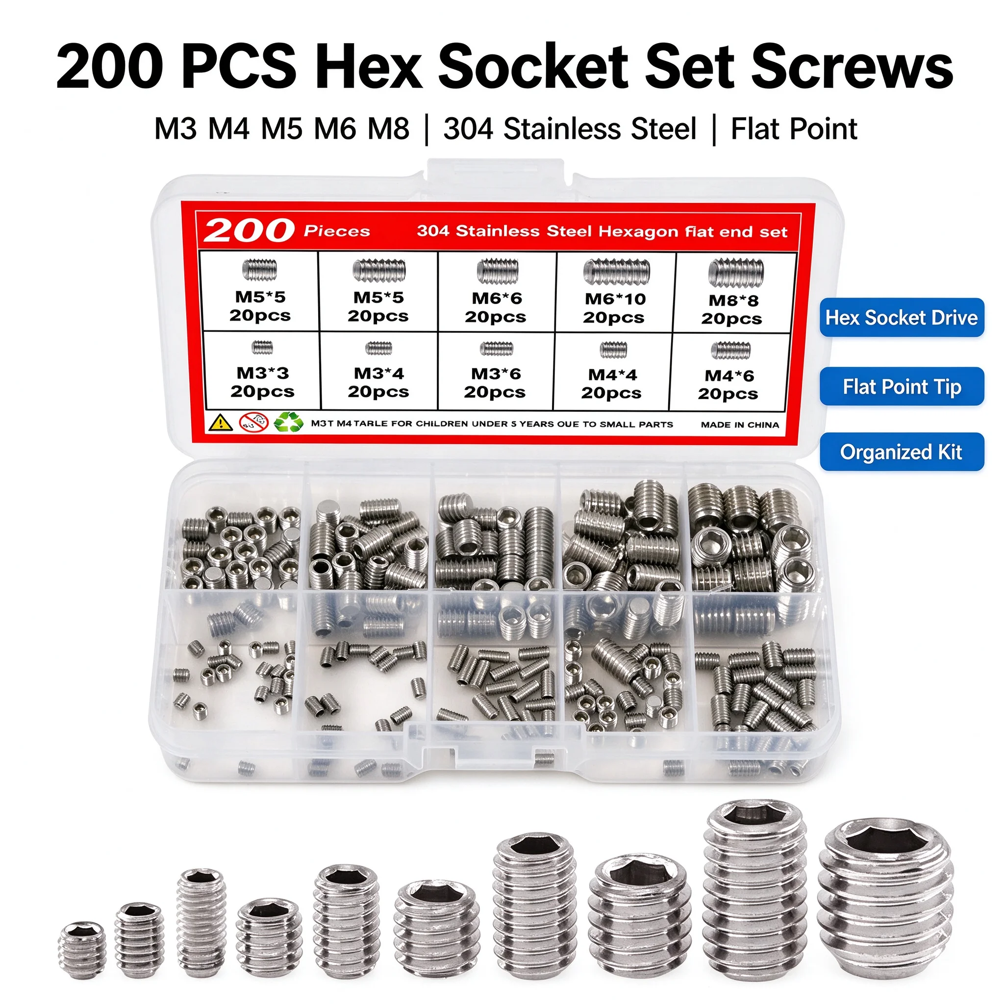200pcs 304 Stainless Steel Hex Socket Set Screws M3 M4 M5 M6 M8 Flat Point Grub Screws Assortment Kit