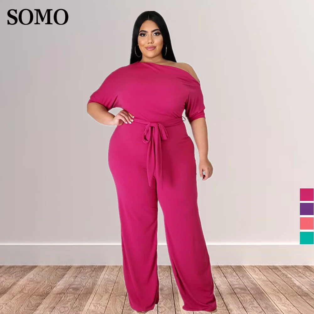 

Sexy Inclined Shoulder One Piece Outfit Women Casual Streetwear Waistband Half Sleeve Plus Size Jumpsuits Wholesale Dropshipping