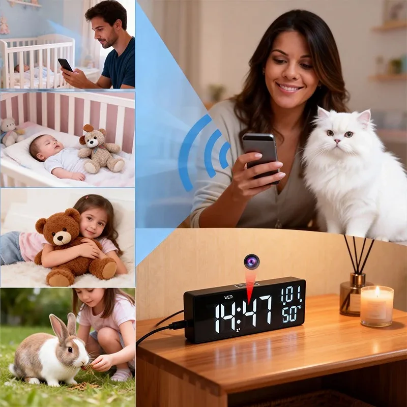 무선 WiFi 미니 시계 카메라 1080P 모션 감지 실내 가정 사무실 보안 DVR P2P 알람 카메라