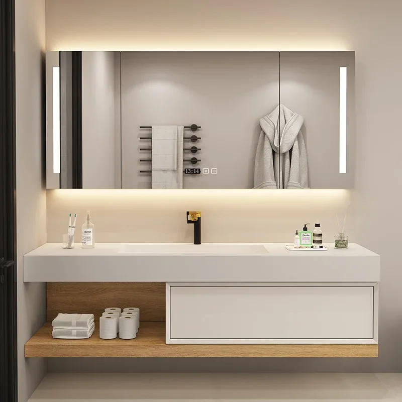 Rock Slab Seamless Ceramic Integrated Basin Bathroom Cabinet Combination Hand Wash Basin Bathroom Cabinet Solid Wood