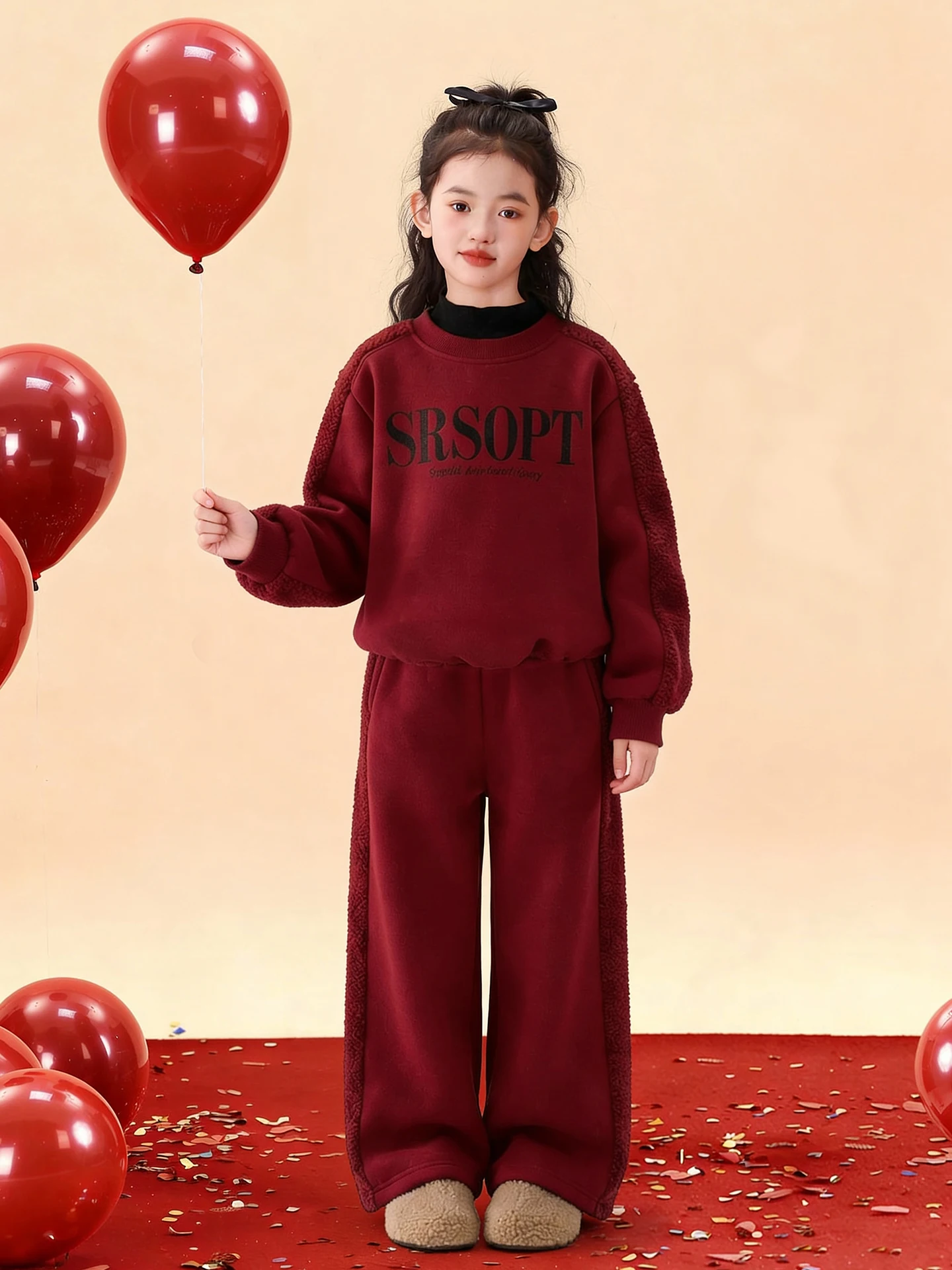 girls'-winter-fce-lined-sweatirt-and-pants-set-red-color-scheme-casual-sle-children's-clothing-warm-and-comfortable