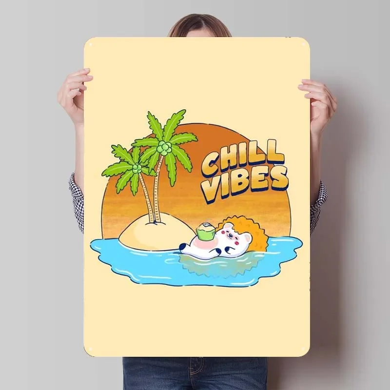 Chill Vibes At the Beach Sign Cute Poster Bathroom Decor Retro Metal Sign Tinplate Sign for Wall Decoration Coffee Bar Art Mural