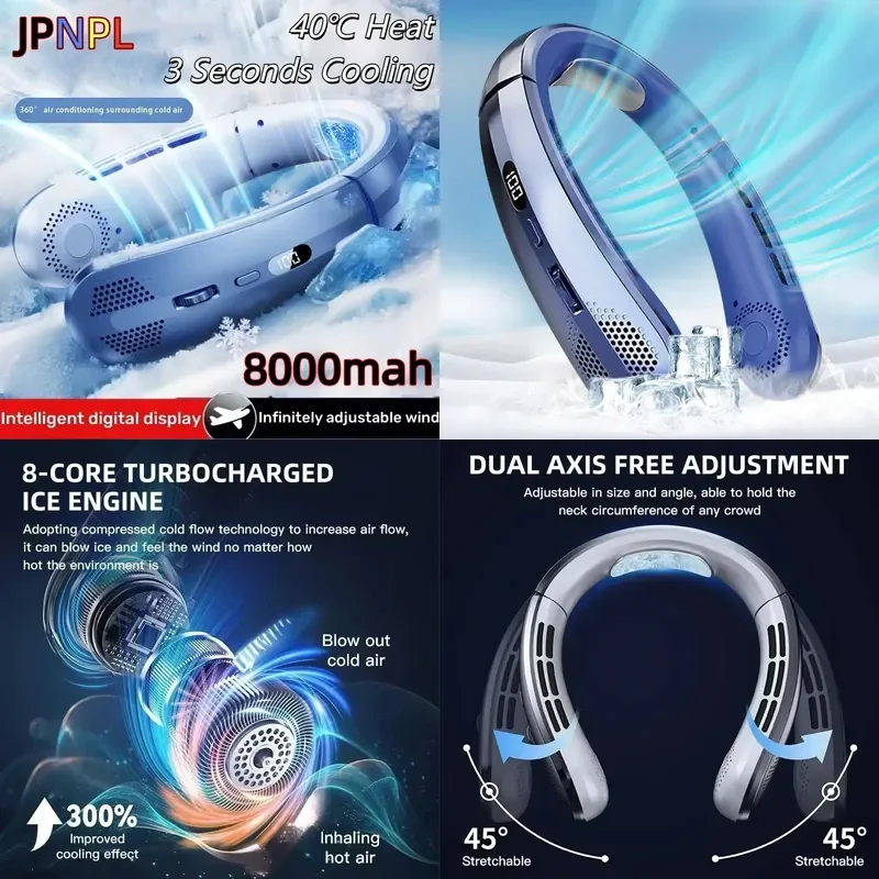 

8000mAh Electric Hanging Neck Fan Portable Bladeless Mini Rechargeable Mute LED Digital Display Air Cooler For Outdoor