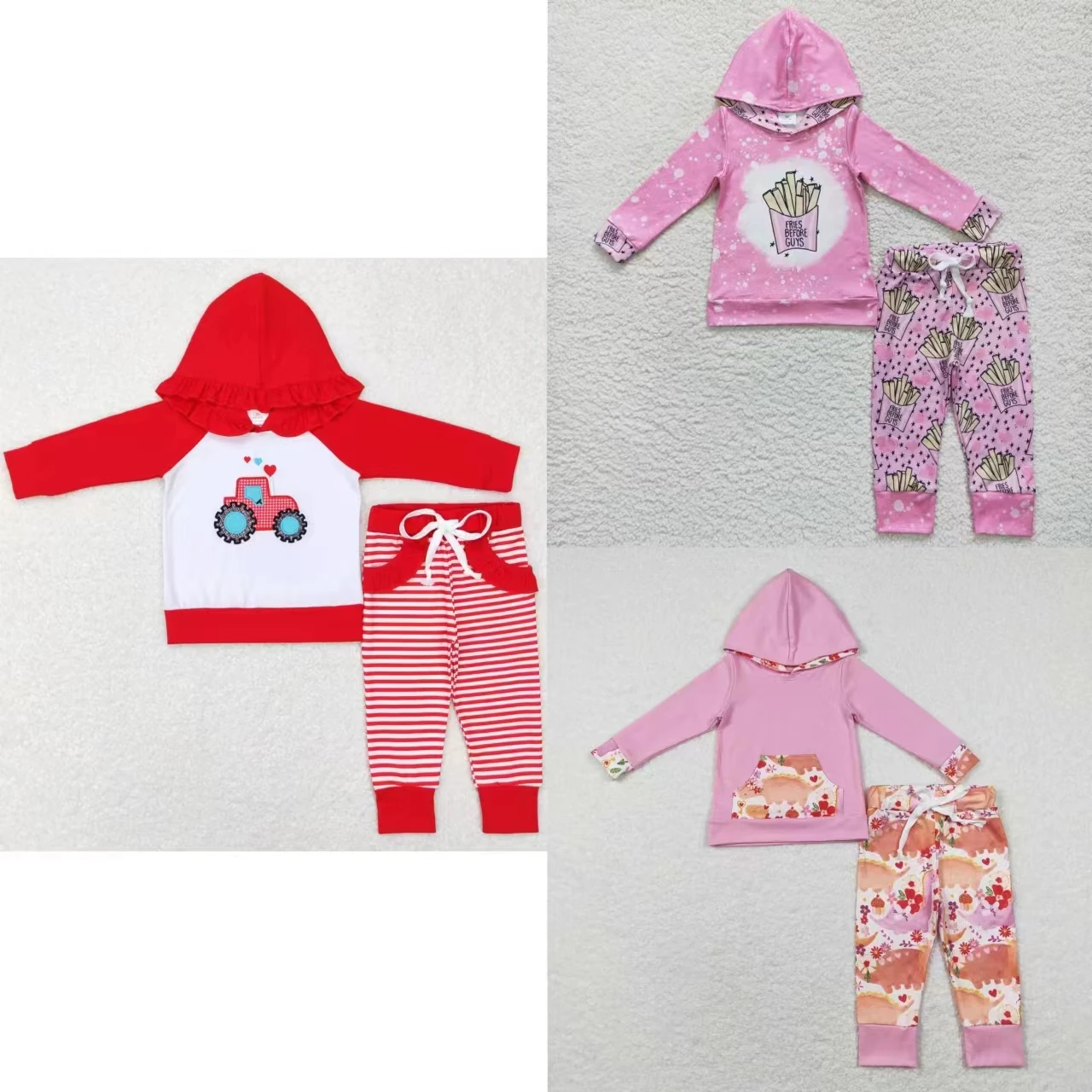 Wholesale Children Valentine's Day Outfit Baby Girl Hoodie Tractor Pullover Kids Pocket Dinosaurs Hearts Pants Children Set