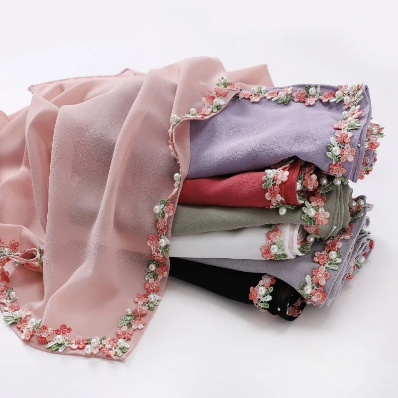 

New chiffon small floral lace beaded scarf headscarf shawl women fresh sweet square scarf
