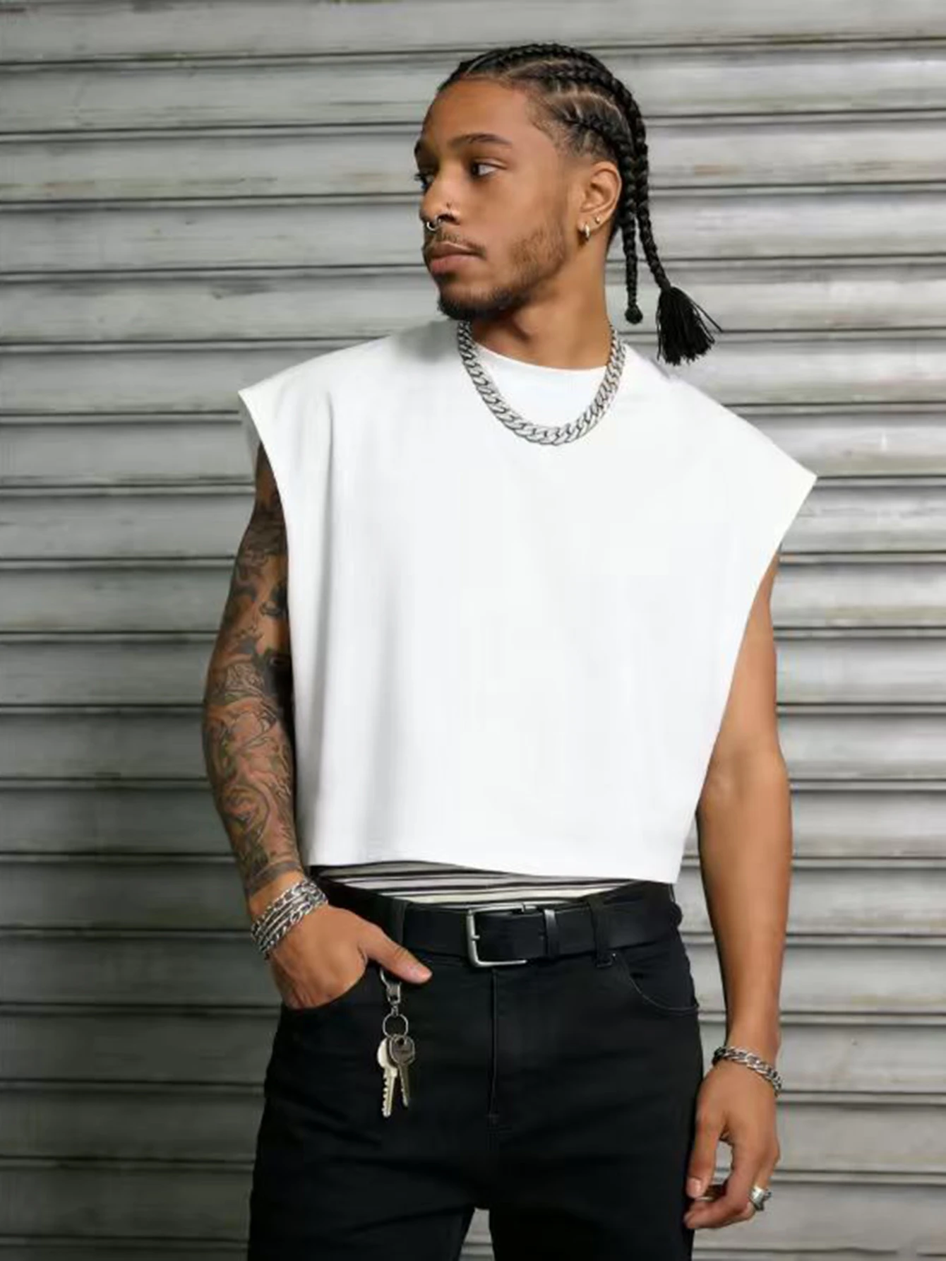 Men's Oversized Casual Streetwear Tank Top Brand Plain Wide Shoulder Cropped Polyester Tank S-2XL All Size 1Pc