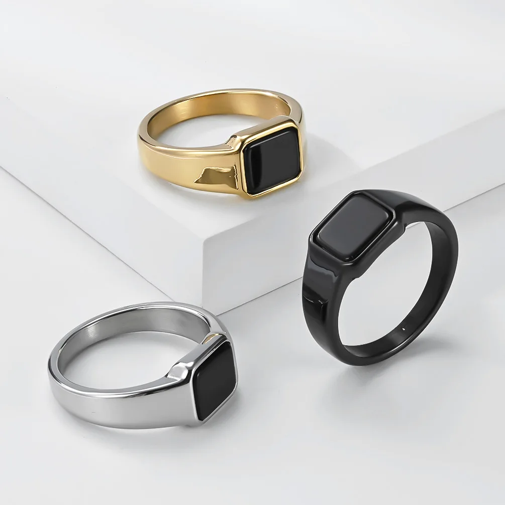 Luxuriöser geometrischer Ring mit schwarzem Edelstein im minimalistischen Stil aus Titanstahl für Damen, trendiger Schmuck, Weihnachtsgeschenk – Detail 11